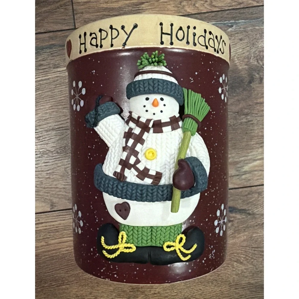 Vtg Snowman Happy Holidays DIY‎ Burlap 3D Ceramic Canister Cookie Jar w Lid
